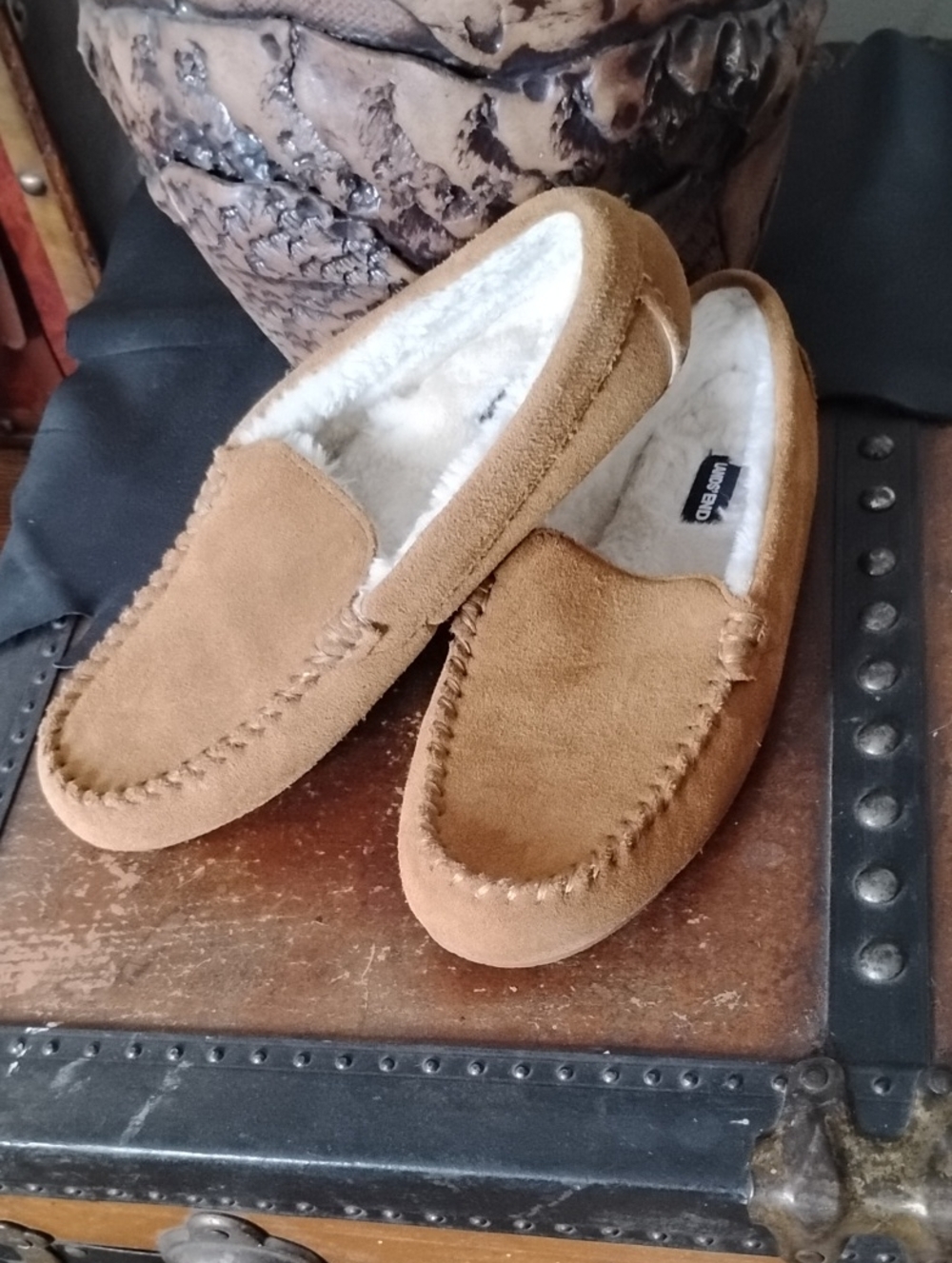 Lands' End Men's Brown Suede Shearling-Lined Slip-On Moccasins
